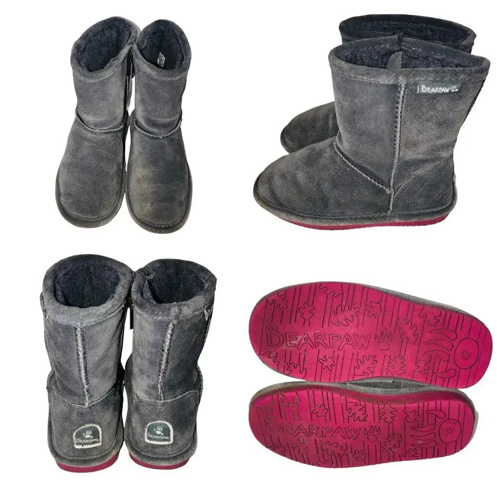 BearPaw Emma Toddler Gray Suede Sheepskin Wool Blend Shearling Boots Size 12